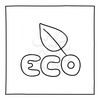 Doodle Eco Leaf icon. Black and white symbol with frame. Line art style graphic design element. Web button. Isolated on white background. Ecology, environment, save the Earth concept