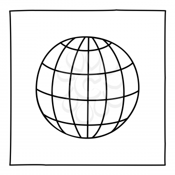 Doodle Earth globe icon. Black and white symbol with frame. Line art style graphic design element. Isolated on white background. Worldwide shipping, travel and logistics concept.