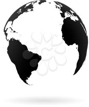 Highly detailed Earth globe symbol, North and South Atlantic ocean. Black on white background.