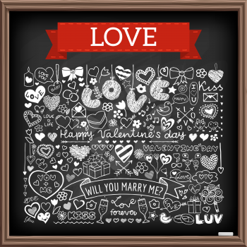 Chalk board doodle set of hearts, arrows, bows, presents, flowers etc. Design elements for Valentines Day, wedding invitation, baby shower, birthday card etc. Vector illustration.