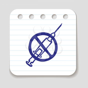 Doodle forbidden syringe icon. Blue pen hand drawn infographic symbol on a notepaper piece. Line art style graphic design element. Web button with shadow. No drugs concept.