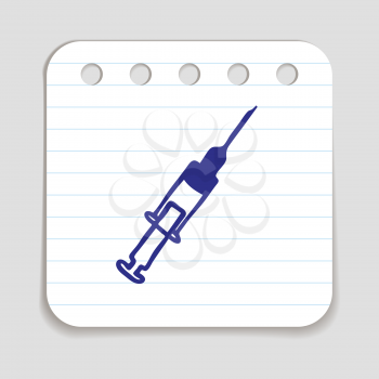 Doodle syringe icon. Blue pen hand drawn infographic symbol on a notepaper piece. Line art style graphic design element. Web button with shadow. Vaccination concept.