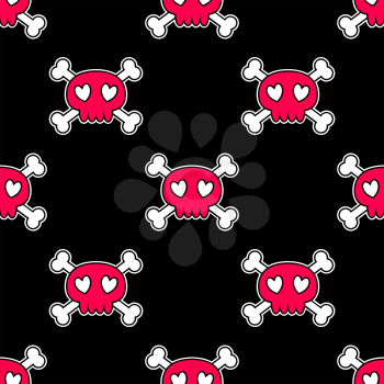 Seamless Halloween pattern. Wallpaper with pink skulls on black background. Tileable backdrop with Halloween symbols. Vector illustration.