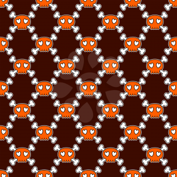 Seamless Halloween pattern. Wallpaper with orange skulls on brown background. Tileable backdrop with Halloween symbols. Vector illustration.