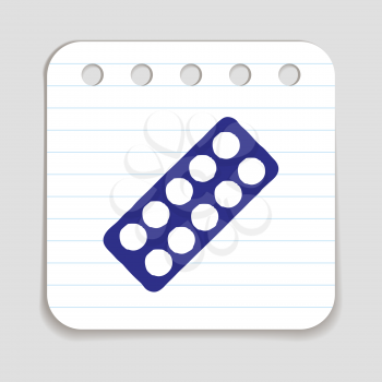 Doodle pill blister icon. Blue pen hand drawn infographic symbol on a notepaper piece. Line art style graphic design element. Web button with shadow.