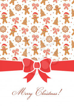Merry Christmas greeting card. Decorative invitation template. Gingerbread man, Christmas Tree, snow flakes, sugar canes. Poster with red bow. Place for text. Holiday themed design with red bow.