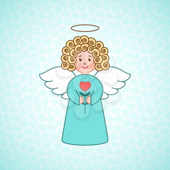 Doodle angel with a heart. Cute girl with wings. Romantic greeting card. Grapphic design element for wedding and baby shower invitation, Valentines Day card. Cartoon angel with flower.