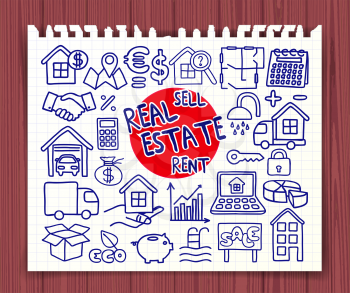 Real Estate set. Freehand doodle icons. Hand drawn doodle symbols collection. Graphic elements for web sites, corporate printables, educational posters, infogrpahics. Vector illustration