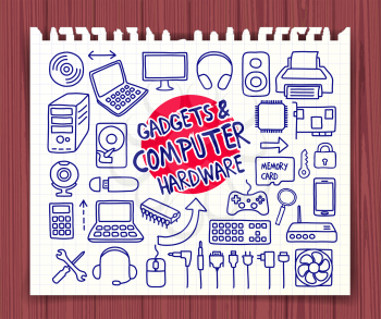 Doodle Gadgets and Computer Hardware icons set. Hand drawn doodle symbols collection. Graphic elements for web sites, corporate printables, educational posters, infogrpahics. Vector illustration.