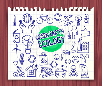 Green Earth Ecology doodle set. Hand drawn graphic elements hands holding planet Earth, energy saving light bulb, solar panel, factory air pollution, recycle bio and eco symbols. Vector illustration.
