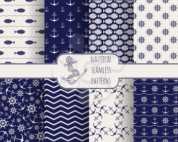 Set of seamless nautical patterns with anchors, ship wheels, fish and waves. Vector illustration. Design elements for printables, baby shower invitation, birthday card, scrapbooking, fabric print.