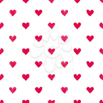 Seamless heart pattern. Hand painted pastel crayon. Grunge background. Valentines day, wedding, baby shower graphic element. Romantic texture. Background with red hearts.