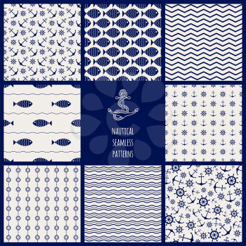 Set of 8 seamless nautical patterns with anchors, ship wheels, fish, chevron and waves. Design elements for printables, wallpaper, baby shower invitation, birthday card, scrapbooking, fabric print.