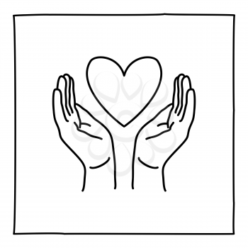 Doodle Hands Holding Heart icon. Black and white symbol with frame. Line art style graphic design element. Web button. Isolated on white background. Love, care, heart disease concept.