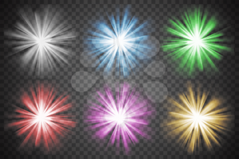 Glowing lights set. Colorful bursts and bright shining stars. Bursting explosions. Transparent graphic design element. Glaring effect with transparency. Abstract glowing light. Vector illustration