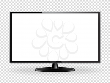 Realistic flat TV screen. Modern lcd wall panel, led type, isolated on white background. Large computer monitor display mockup. Blank television template. Graphic design element. Vector illustration
