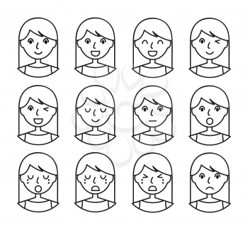 Woman emotions. Beautiful girl line art. Facial expression icons set. Isolated on whote background. Set of woman avatars. Vector illustration.