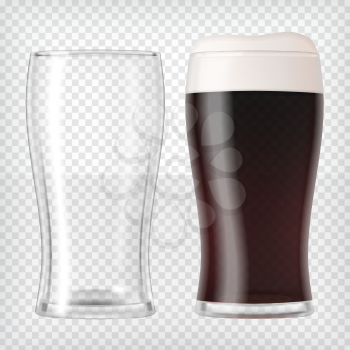 Realistic beer glasses. Mug filled with dark beer and bubbles with an empty mug. Graphic design element for a brewery ad, beer garden poster, flyers and printables. Transparent vector illustration.
