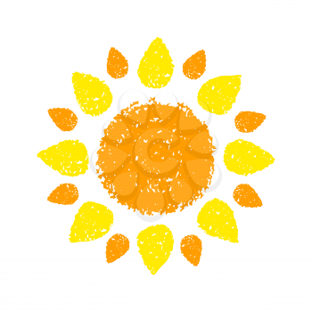 Hand drawn Sun. Painted with pastel crayons. Graphic element for children book, scrapbooking, birthday card, baby shower invitation, summer poster, vacation destination flyer. Vector illustration