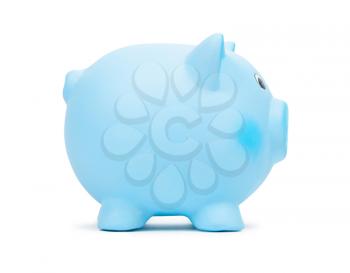 Blue ceramic piggy bank, isolated on white background. Bank savings, economy, financials investments, saving to buy a house, a car, for retirement concept.
