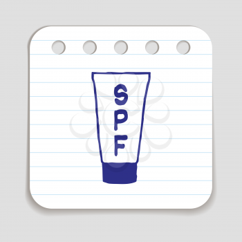Doodle sunscreen lotion bottle icon. Blue pen hand drawn infographic symbol on a notepaper piece. Line art style graphic design element. Web button with shadow. SPF protection factor concept.
