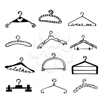 Doodle clothes hangers set. Hand drawn cute fashion style scribble. Graphic design elements for scrapbooking, advertisement, web site, prints, sale tags, invitation, flyer. Vector illustration.