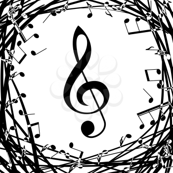 Grunge style card with music notes. Abstract vector background. 
