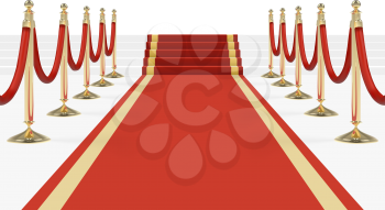 Red carpet with stairs, podium, red ropes, golden stanchions. Exclusive event, movie premiere, gala, ceremony, award concept. Blank template illustration with space for an object, person,  or text