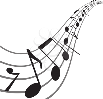 Music notes on wavy staff. Abstract vector background