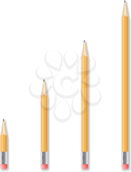 Set of four realistic drawing pencils with rubber end. Sharpened yellow pencil. Detailed graphic design element. Office supply, school stationwry. Isolated on white background. Vector illustration