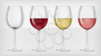 Set of realistic transparent wine glasses. Red, rose and white wine and an empty glass. Graphic design elements for advertisement, flyer, poster, web site, restaurant menu. Vector illustration.