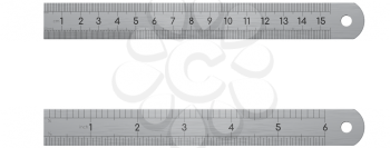 Realistic metallic ruler, front and back view. Detailed graphic design element. Office supply, school stationery. Isolated on white background. Vector illustration