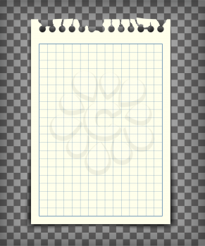 Empty checkered note book page with torn edge. Notepaper mockup. Graphic design element for text, advertisement, math, doodle, sketch, scrapbooking. Checkers paper piece. Realistic vector illustration