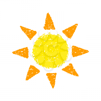 Hand Drawn Sun. Painted with oil pastel crayons. Decorative graphic element for children books, scrapbooking, birthday card, summer party poster, vacation destination flyer. Vector illustration.