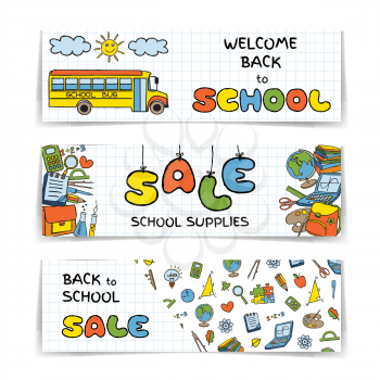 Doodle Back to School SALE banners set. Hand drawn stationary graphic design elements for web site, online shop, sale flyer, discount announcement. Education supplies concept idea. Vector illustration