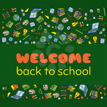 Doodle Welcome Back to School poster. Hand drawn stationary graphic design elements for school invitation template, sale flyer, greeting card. Education supplies sale concept idea. Vector illustration