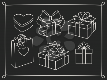 Doodle set of gift boxes with bows, heart shaped box and a gift bag. Hand drawn presents collection. Graphic design elements for advertisement, flyer, poster, web shop sale. Vector illustration