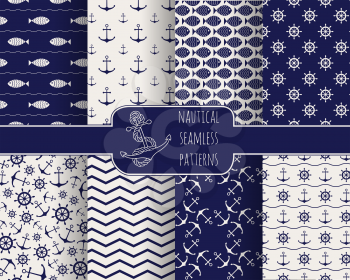 Set of seamless nautical patterns. Vector illustration. Backgrounds with anchors, ship wheels, fish and waves. Design elements for wallpaper, baby shower invitation, birthday card, scrapbooking, fabric.