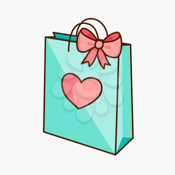 Doodle gift bag with bow and heart. Hand drawn festive romantic present. Graphic element for Valentine's Day, birthday card design, scrapbooking, flyer, poster, web shop sale. Vector illustration
