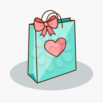 Doodle gift bag with bow and heart. Hand drawn festive romantic present. Graphic element for Valentine's Day, birthday card design, scrapbooking, flyer, poster, web shop sale. Vector illustration
