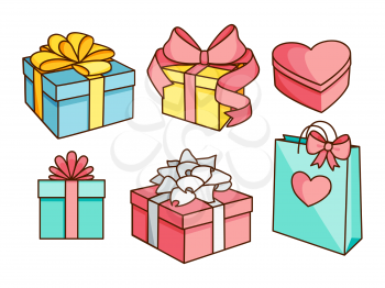 Doodle set of gift boxes with bows, heart shaped box, gift bag. Hand drawn presents collection. Graphic design elements for Valentine's Day, birthday, shopping flyer, sale poster. Vector illustration