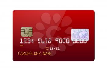 Highly detailed realistic red glossy credit card. Front side mockup set. Place for your own design. Graphic design element for shopping advertisement, web shop payment method. Vector illustration