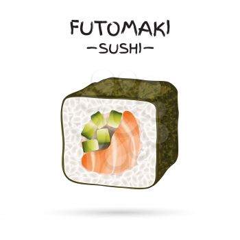 Futomaki Sushi Roll isolated on white background. Realistic style sushi with rice, salmon fish and cucumber. Japanese cuisine poster. Vector illustration