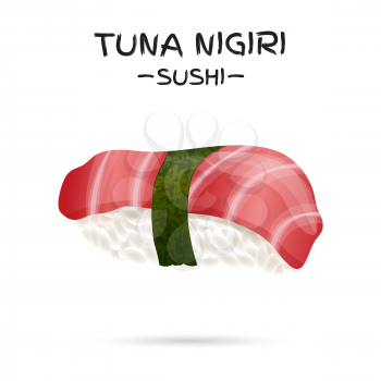 Tuna Nigiri Sushi. Realistic style sushi with rice, tuna fish and nori. Japanese cuisine poster. Vector illustration