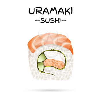 Uramaki Sushi Roll isolated on white background. Realistic style sushi with rice, salmon fish, avocado and crab meat. Japanese cuisine poster. Vector illustration