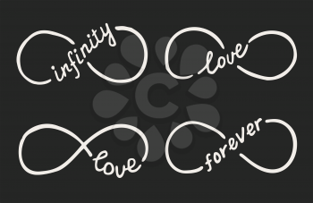 Infinity symbols with words love, infinity, forever. Thin line with calligraphy. Modern grunge outline. Cycle, endless, life concept. Graphic design element for card, logo, tattoo. Vector illustration