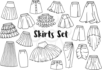 Hand drawn women skirts set. Doodle pen line symbols of chic ladies clothes isolated on white. Graphic design elements for sale poster, shopping flyer, scrapbook, fashion magazine. Vector illustration