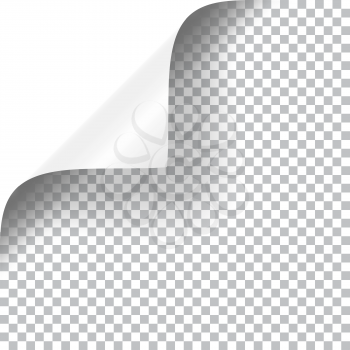 Curly Page Corner realistic illustration with transparent shadow. Ready to apply to your design. Graphic element for documents, templates, posters, flyers. Vector illustration.