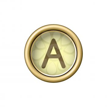 Letter A. Vintage golden typewriter button isolated on white background. Graphic design element for scrapbooking, sticker, web site, symbol, icon. Vector illustration.