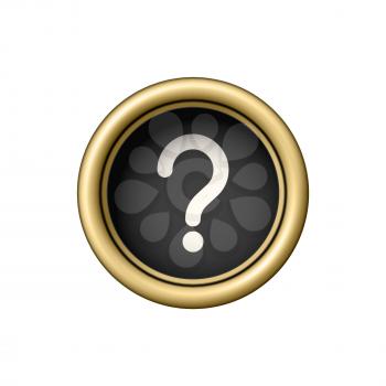 Question mark symbol. Vintage golden typewriter button isolated on white background. Graphic design element for scrapbooking, sticker, web site, symbol, icon. Vector illustration.